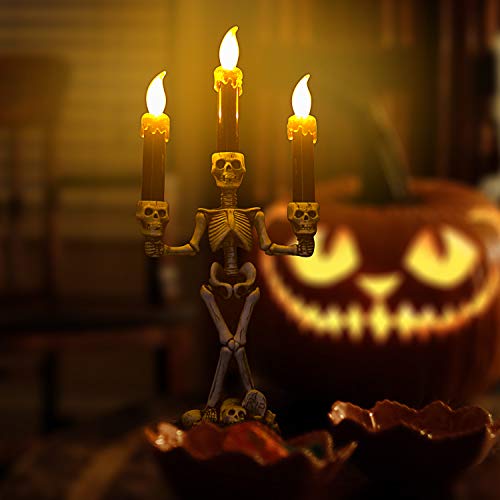 Triple LED Halloween Candles Flameless and Skeleton Candle Holder Stand for Skull Halloween Decoration and Haunted House Decor