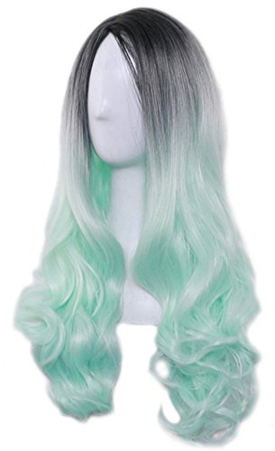 Black and Green Ombre Dark Roots Heat Resistant Full Wig