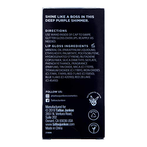 TATTOO JUNKEE Side Hustle Glitter Lava, Deep Purple Non-Sticky Lip Gloss with Ultra-Fine Shimmer Effects, Layer Over Lipstick or Wear Alone, 0.33 Fl Oz