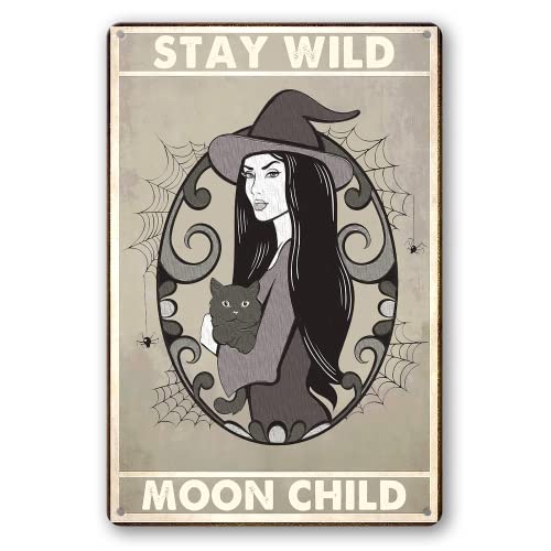 Stay Wild Moon Child Vintage Witch And Cat Art Metal Tin Sign Home Bar Wall Decor Cat Lover Gift 8x12 Inch