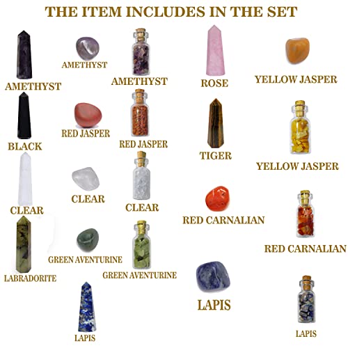 Crystals and Healing Stones.7 Chakra Complete Healing Kit for Energy.Crystal Meditation Spiritual Gifts for Beginners. All 7 Chakra Wands with Tumbled Stones and Crystal Chip Bottle Set of 21