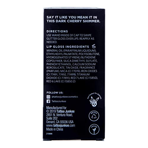TATTOO JUNKEE Kiss & Tell Glitter Lava, Dark Cherry Non-Sticky Lip Gloss with Ultra-Fine Shimmer Effects, Layer Over Lipstick or Wear Alone, 0.33 Fl Oz