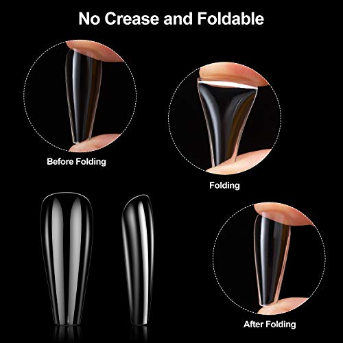 Clear Coffin False Nail Tips - Tiphulan Nail Tips and Glue with Box, 500pcs Full Cover Fake Nails, Clear Acrylic Nail Tips, Ballerina Shape False Nails with Glue for Nail Salon & Home, 10 Sizes