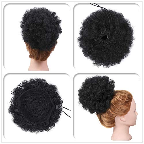 Set of 2 Afro Puff Drawstring Ponytail Hair Extension Synthetic Fluffy Kinky Curly Hair Puff Bun Updo Hair Pieces Afro Donut Chignon Hairpieces Extensions(1B#)