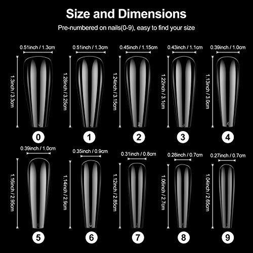 Clear Coffin False Nail Tips - Tiphulan Nail Tips and Glue with Box, 500pcs Full Cover Fake Nails, Clear Acrylic Nail Tips, Ballerina Shape False Nails with Glue for Nail Salon & Home, 10 Sizes