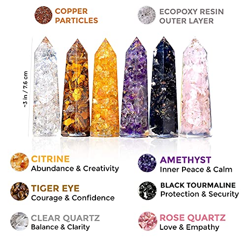 Healing Crystal Wand Set of 6 Orgonite – Includes 3” Amethyst Crystal, Tigers Eye, Rose Quartz, Black Tourmaline Stone, Citrine and Clear Quartz Orgone Crystal Plus Black Tourmaline Necklace