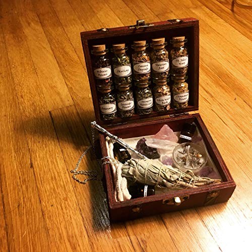 Witchcraft Travel Kit Travel Altar kit Potion Making kit Travel Apothecary kit Crystal Witchcraft Potion kit Wooden Box Witch kit sage Incense Rose Quartz Crystals sage Bundles palo Santo