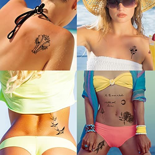 72 Sheets Temporary Tattoos for Women, Including 12 Sheets Large Sexy Flowers Fake Tattoos That Look Real and Last Long, Waterproof Rose Moon Butterfly Tiger Snake Tattoos and Temporary Flowers Tattoos for Women and Girls
