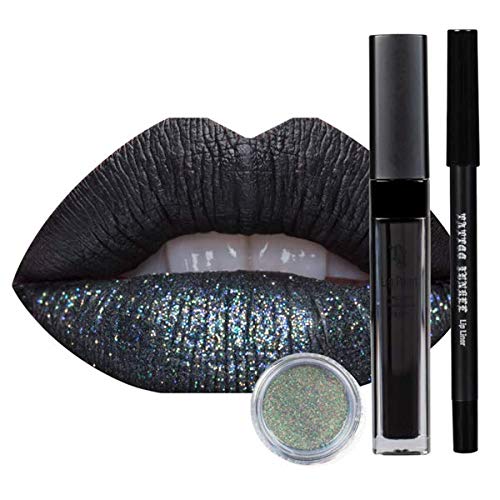 TATTOO JUNKEE Leather Lip Trio Lip Paint Kit, Includes Black Lip Liner & Matte Long-Wear Lip Paint + Coordinating Fine-Milled Opalescent Cosmetic Glitter