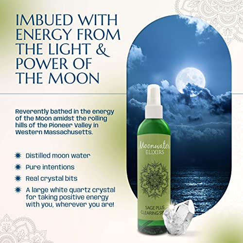 Sage Spray for Cleansing Negative Energy | Moon Water for Energy Cleansing | Great Negative Energy Protection | 2 Clear Quartz Crystals + Ebook to Maximize Potential | Moonwater Elixirs 2 pack (16oz)