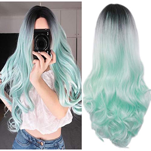 Black and Green Ombre Dark Roots Heat Resistant Full Wig