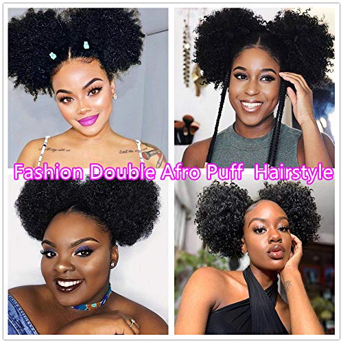 Set of 2 Afro Puff Drawstring Ponytail Hair Extension Synthetic Fluffy Kinky Curly Hair Puff Bun Updo Hair Pieces Afro Donut Chignon Hairpieces Extensions(1B#)