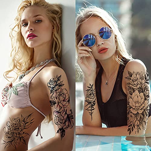 Semi Permanent Half Sleeve Tattoos Body Leg Makeup Waterproof, Flower Tatuajes Temporales-12 Sheets