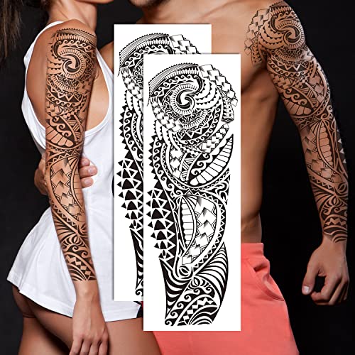 2 Sheets Art Temporary Tattoos, Extra Large Full Arm Fake Tattoos, Cool Waterproof Tattoo Stickers, Body/Leg/Arm Makeup Lasting Tattoos Sleeve for Adult/Man/Women, Fashion Black Realistic Tattoo