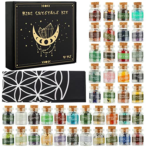 42 Pack Mini Crystals for Witchcraft, Crystal Chips Spell Jars Set, Tumbled Stones for Chakra Healing, Witch Stuff Gift for Beginners