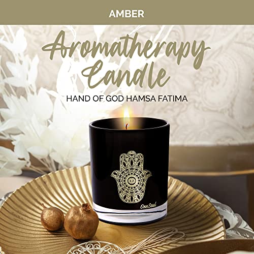 Moroccan Amber Aromatherapy Candle, Woody & Captivating Scented Candles, Luxury Candles Scented with Hamsa Design, Hand-Poured Soy Candle, 50 Hours Burn Time, 7.6 oz. - OneSoul Collection