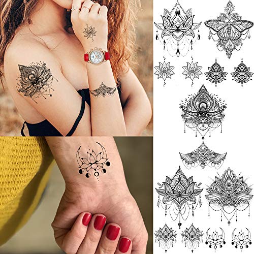 15 Sheets Sexy Black Henna Mehndi Lotus Temporary Tattoos For Women Fake Jewelry Lace Moon Moth Flowers Pendant Temp Tattoos Temporary Sticker For Girls Arm Neck Chest Breast Hanna Hena Tatoos
