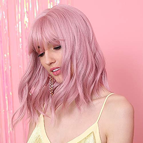 Natural Curly Dusty Rose Pink Wig With Bangs