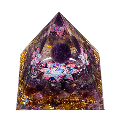 MXiiXM Orgone Pyramid for Positive Energy, Amethyst Crystal Ball Handmade Pyramid, Protection Crystals Energy Generator for Stress Reduce Healing Meditation Attract Wealth Lucky (Flower of Life)