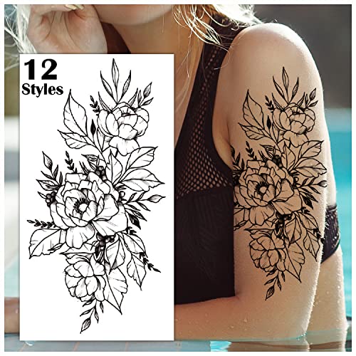 Semi Permanent Half Sleeve Tattoos Body Leg Makeup Waterproof, Flower Tatuajes Temporales-12 Sheets