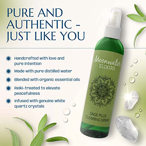 Sage Spray for Cleansing Negative Energy | Moon Water for Energy Cleansing | Great Negative Energy Protection | 2 Clear Quartz Crystals + Ebook to Maximize Potential | Moonwater Elixirs 2 pack (16oz)