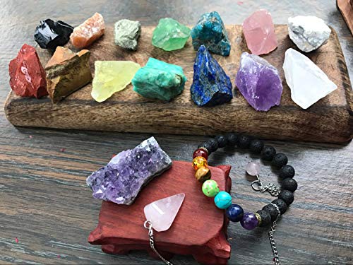 Tesh Care Chakra Therapy Starter Collection 17 pcs Healing Crystals kit, 7 Raw Chakra Stones,7 Colorful Gemstones, Amethyst,Rose Quartz Pendulum,Chakra Lava Bracelet,Dry Roses,Guide,COA,Gift Ready
