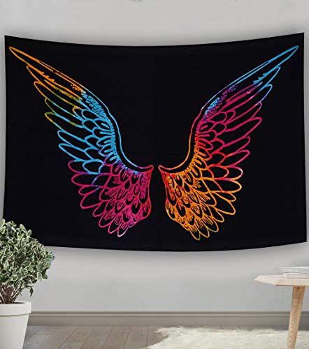Marubhumi Psychedelic Tie Dye Mandala Angel Wings Hippie Boho Indian Tapestry Wall Hanging Throw Symbolizing Hope Faith Love (Black Multi, 30x40 Inches)