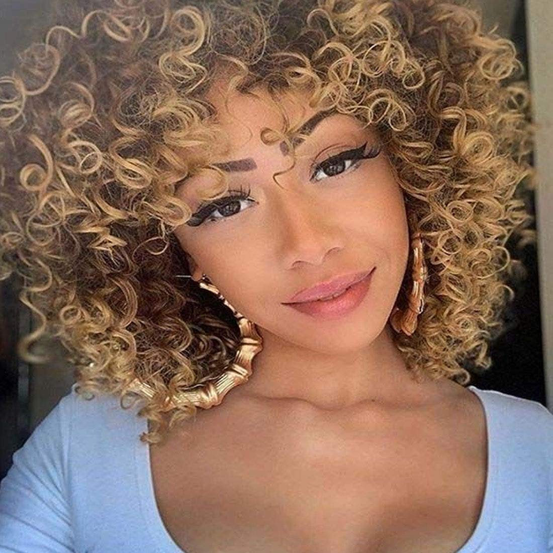 Professionally Design Human Hair Look and Feel Synthetic Short Curly Kinky Afro Wigs with Bangs