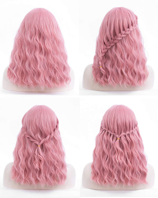 Rose Pink Shoulder Length 14" Full Synthetic Top Quality Heat Resistant Fiber Human Hair Feel Wig