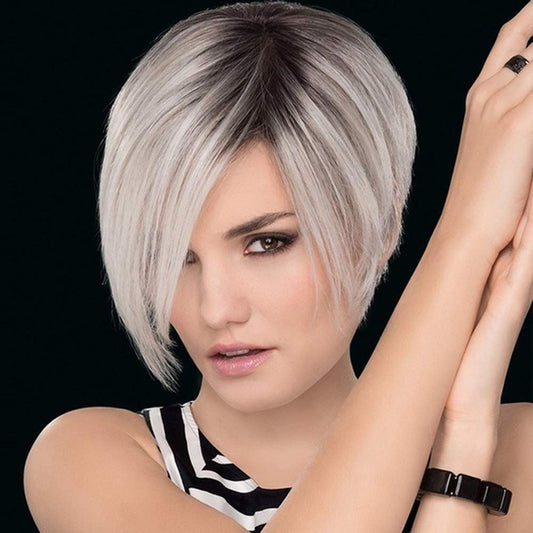 Ombre Black to Ash Blonde Gray Mix Bob Pixie Cut Straight