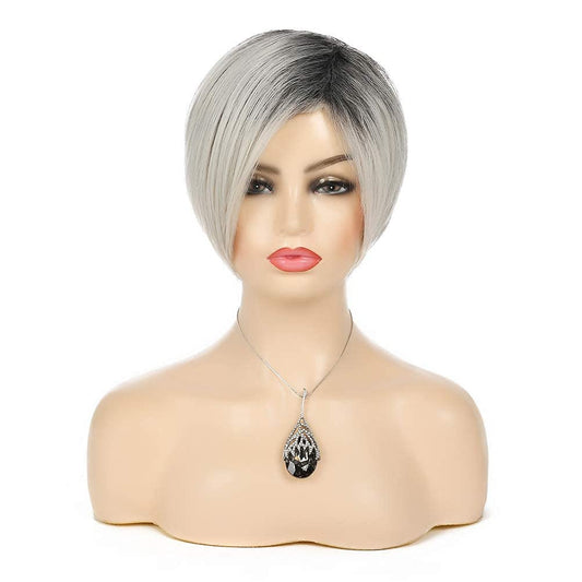 Ombre Black to Ash Blonde Gray Mix Bob Pixie Cut Straight