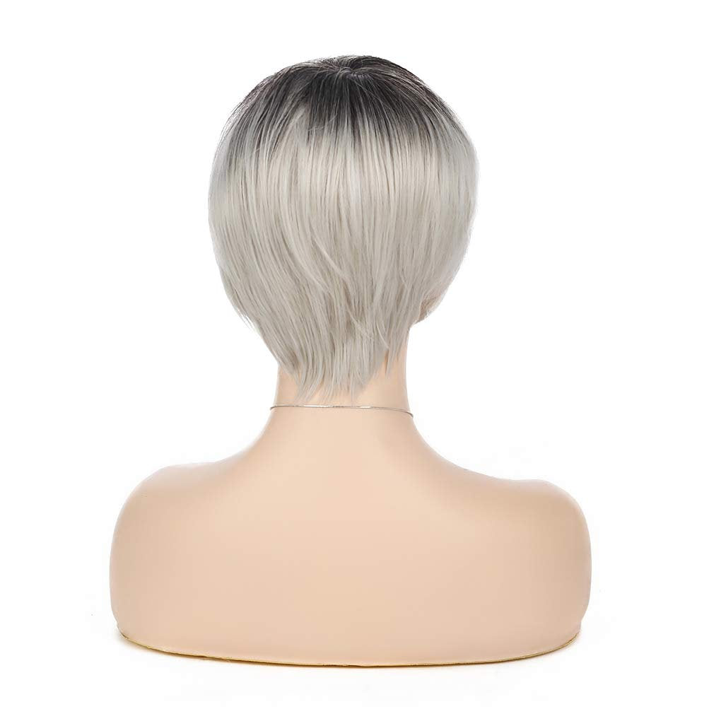 Ombre Black to Ash Blonde Gray Mix Bob Pixie Cut Straight