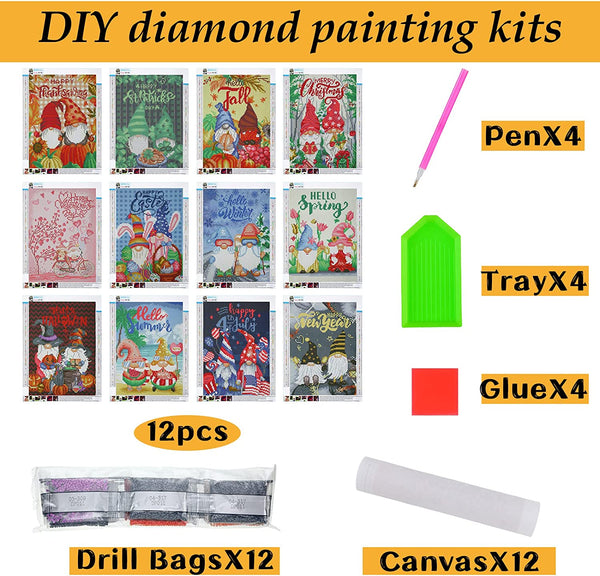 12 Pieces DIY Diamond Art Kits 5D Gnome Diamond Painting Kits for Adults Diamond Dots Paintings for Kid Parents Children Beginners, 12 x 16 Inch