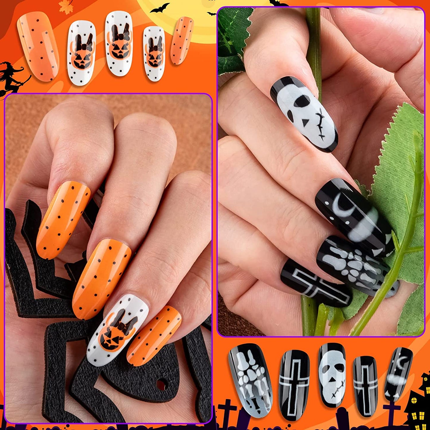Halloween Press on Nails, Gothic Skull Cross Black False Nails Orange Pumpkins Reusable Glossy Halloween Fake Nail Designs 72 Piece Set