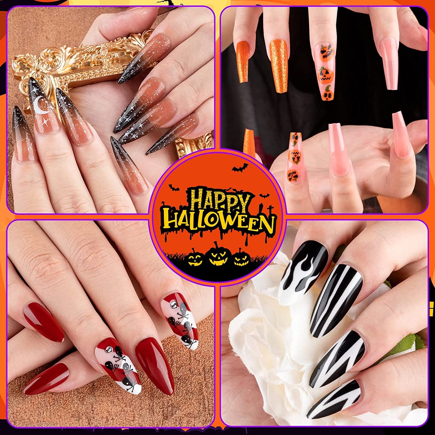 Halloween Press on Nails, Gothic Skull Cross Black False Nails Orange Pumpkins Reusable Glossy Halloween Fake Nail Designs 96 Piece Set