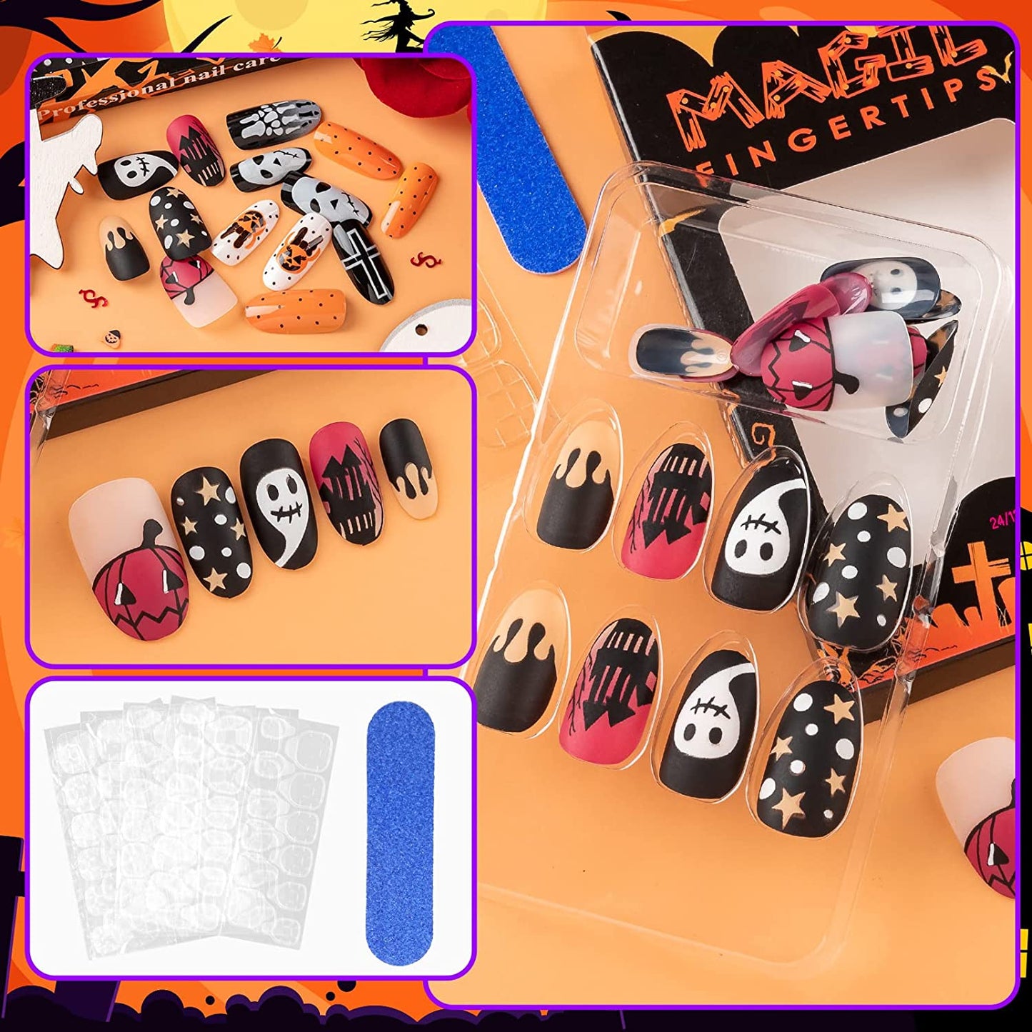 Halloween Press on Nails, Gothic Skull Cross Black False Nails Orange Pumpkins Reusable Glossy Halloween Fake Nail Designs 72 Piece Set
