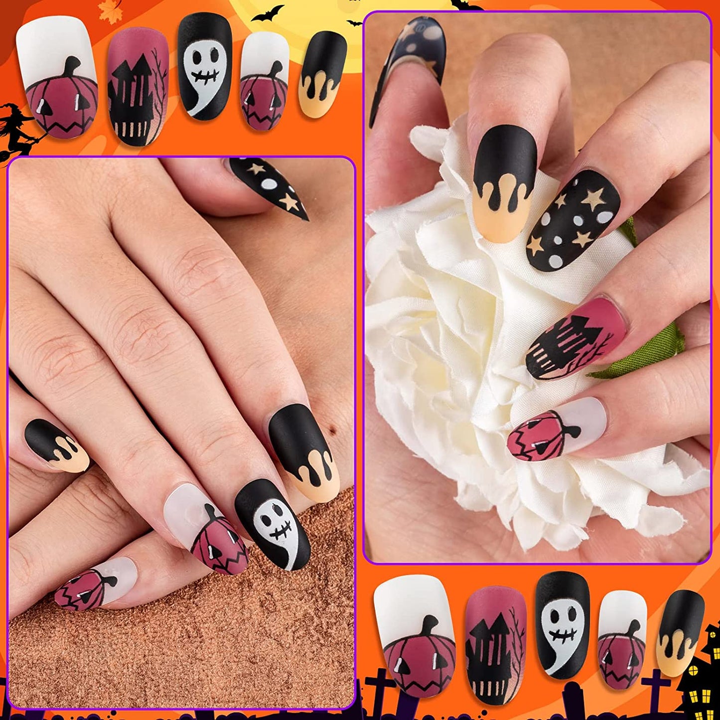 Halloween Press on Nails, Gothic Skull Cross Black False Nails Orange Pumpkins Reusable Glossy Halloween Fake Nail Designs 72 Piece Set