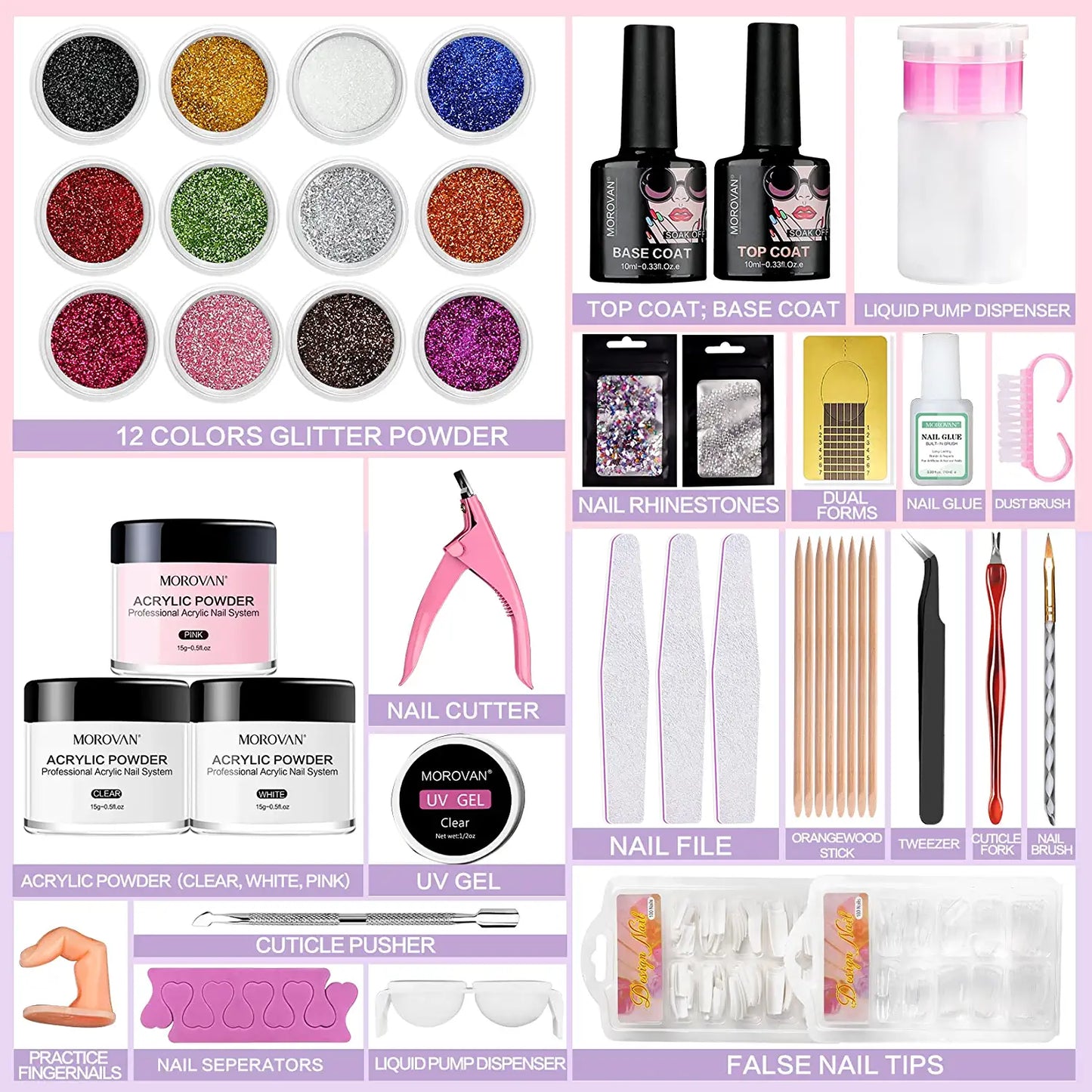 Acrylic Nail Kit - Glitter Acrylic Powder Set with Everything Professional Acrylic Nail Powder Set for Nails Supplies Acrylic Brushes Nail Tips Nail Art Decoration Tools DIY Nail Extension Kit for Starter
