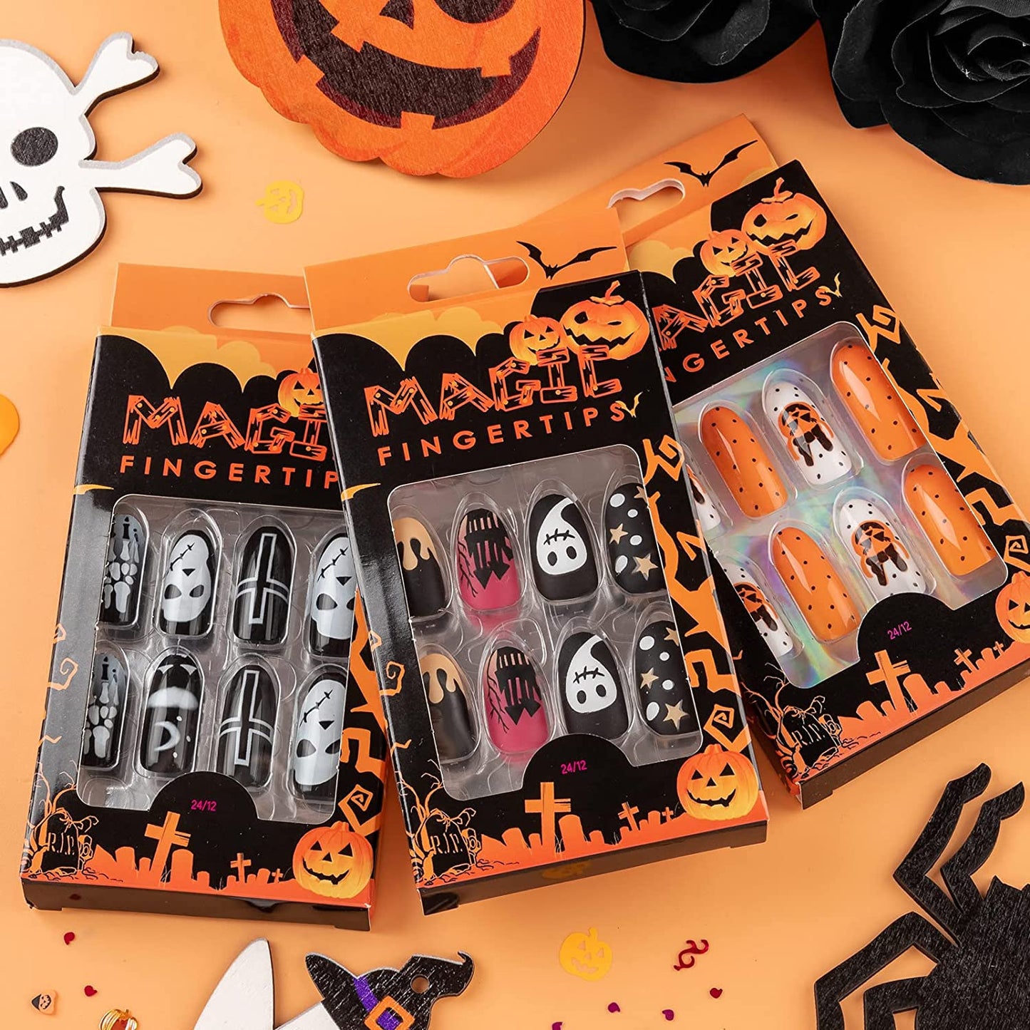 Halloween Press on Nails, Gothic Skull Cross Black False Nails Orange Pumpkins Reusable Glossy Halloween Fake Nail Designs 72 Piece Set