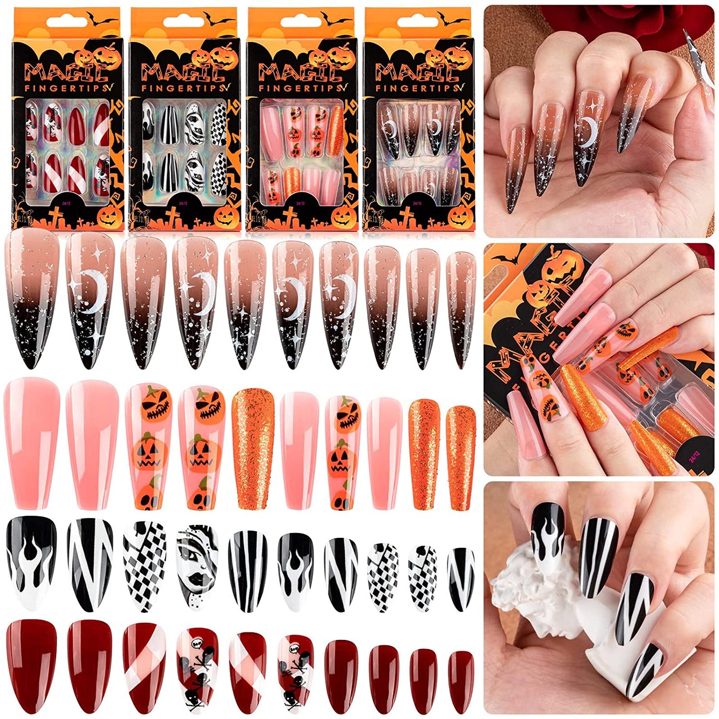 Halloween Press on Nails, Gothic Skull Cross Black False Nails Orange Pumpkins Reusable Glossy Halloween Fake Nail Designs 96 Piece Set