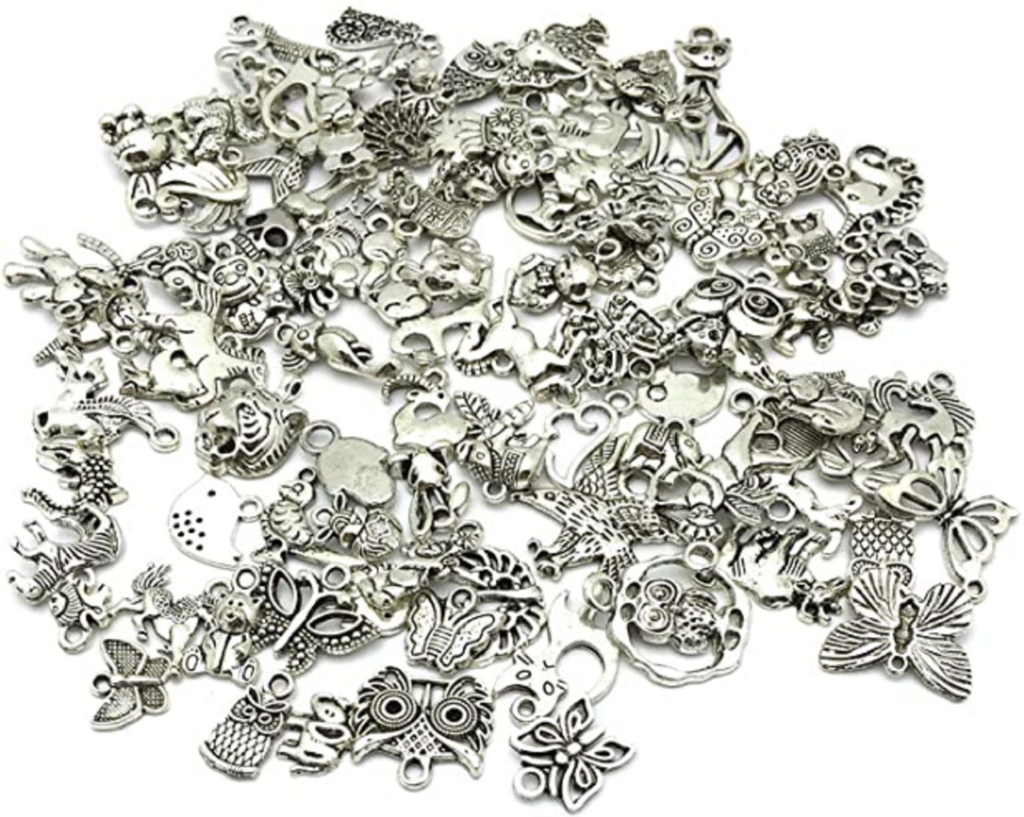 100 Mixed No Repeated Silver Pewter Smooth Metal Charms Pendants DIY for Necklace Bracelet Dangle Jewelry Making and Crafting, Animal Charms