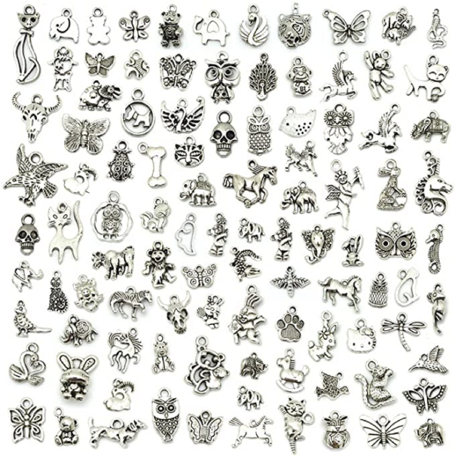 100 Mixed No Repeated Silver Pewter Smooth Metal Charms Pendants DIY for Necklace Bracelet Dangle Jewelry Making and Crafting, Animal Charms