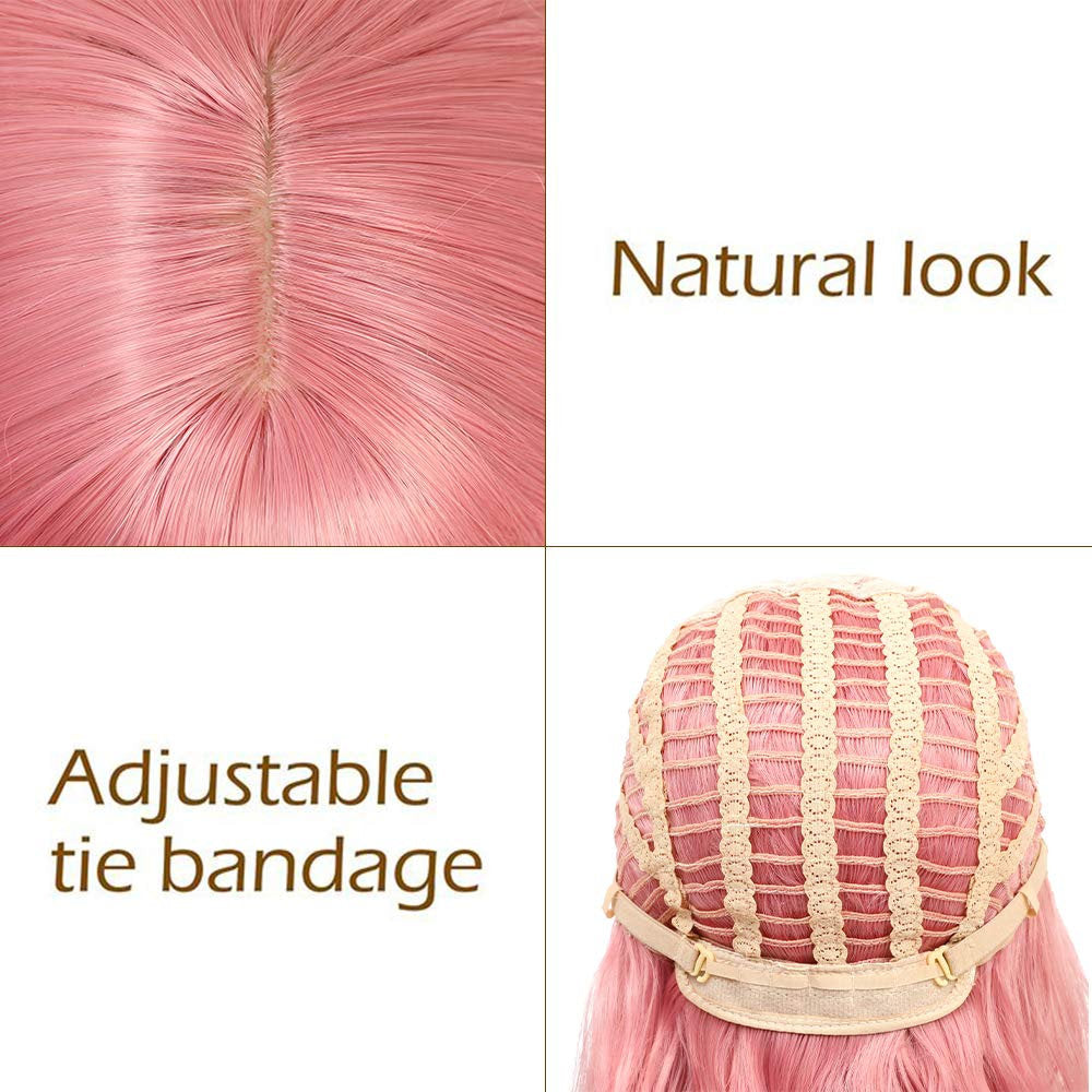 Trendy Wig Dusty Rose Pink Wavy Wig with Bangs Hand Dyed Synthetic 26" Wig