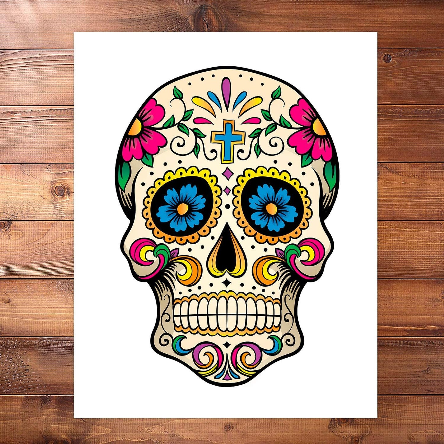 Retro Colorful Mexican Day of The Dead Sugar Skull Flower Sugar Skull Decor 4 Art Prints  8x10 Unframed Mexican Day of The Dead Gift