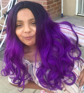Black to Violet Purple Ombre Middle Parting Long Natural Curly Human Hair Look and Feel Heat Friendly Non Shedding Top Quality Synthetic Wig