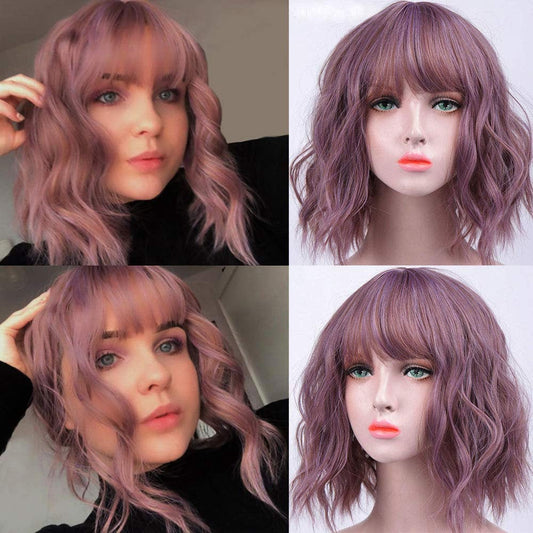 Synthetic Non Lace Front Wavy Bob Pixie Cut Length Bright Taro Purple Synthetic Hair 14 Inch Human Hair Feel Perfect Daily Wear or Cosplay