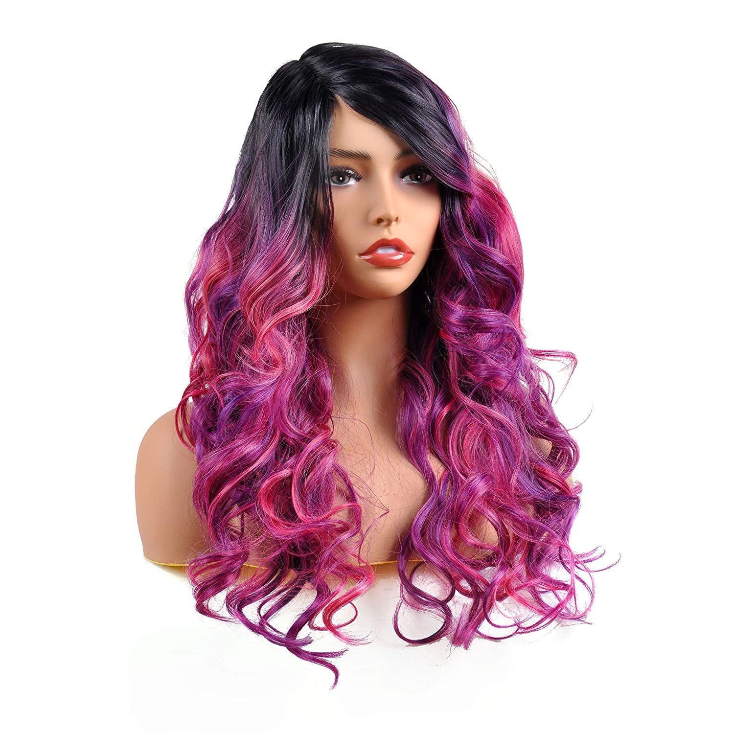 Beautiful Unique Natural Looking | Magenta Purple Pink Mixed Ombre | Hand Dyed 26" | Human Hair Look and Feel Trendy Wig | Non  Lace Wig