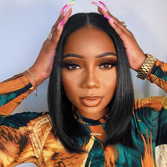 Top Quality Black Bob Quick Straight No Bangs Synthetic Wig High Temperature Heat Resistant 150% Density 14" +/-  Top Selling Ready To Ship