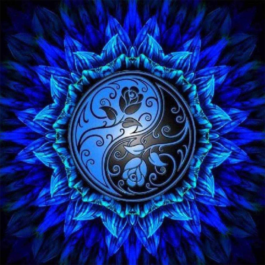 Blue on Black Rose Yin Yang Pattern DIY 5D Diamond Painting by Number Kit Canvas