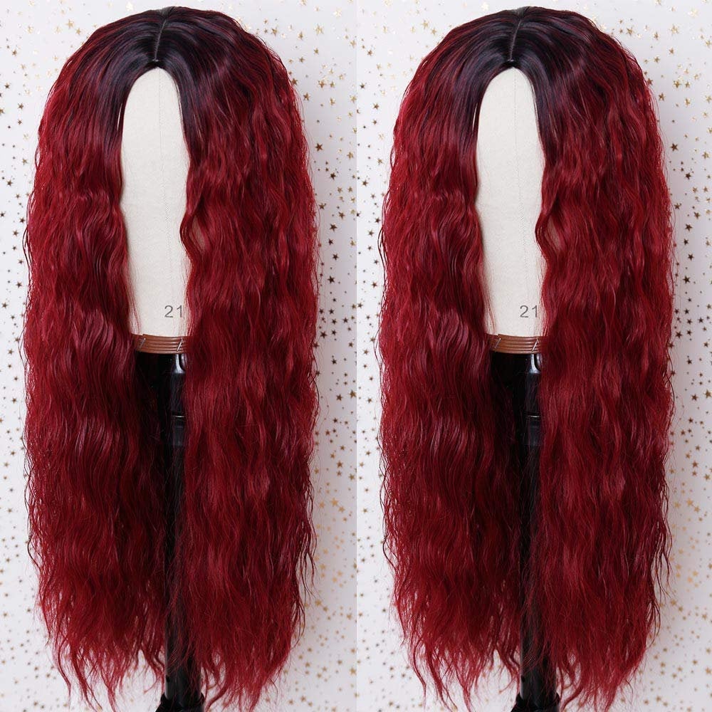 Ombre Burgundy Color with Black Roots No Lace Full Machine Made Wine Red Wig 24 Inch